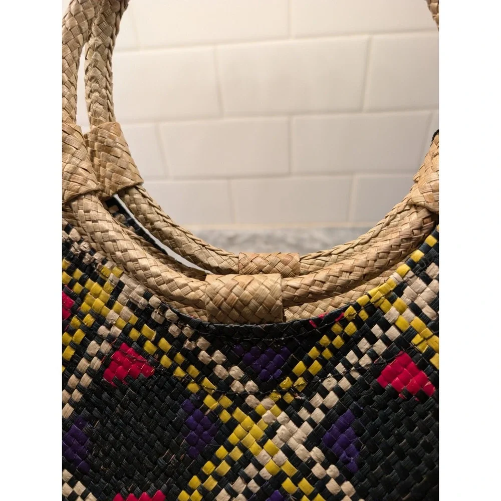 Banago Blue Geometric Olivia Tote Handwoven Palm Leaf Beach Market Bag NWT